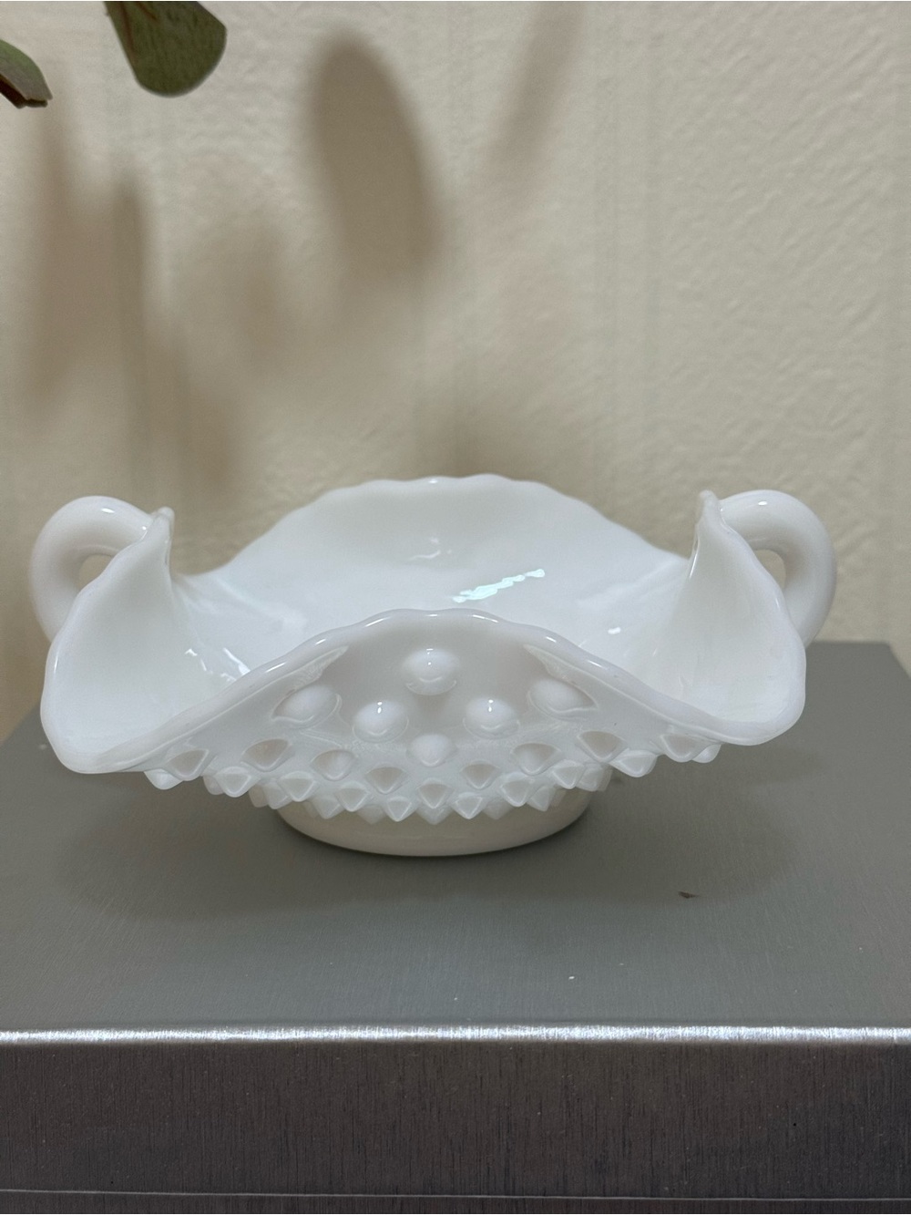 Vintage Milk Glass Hobnail Double-Handled Dish - White